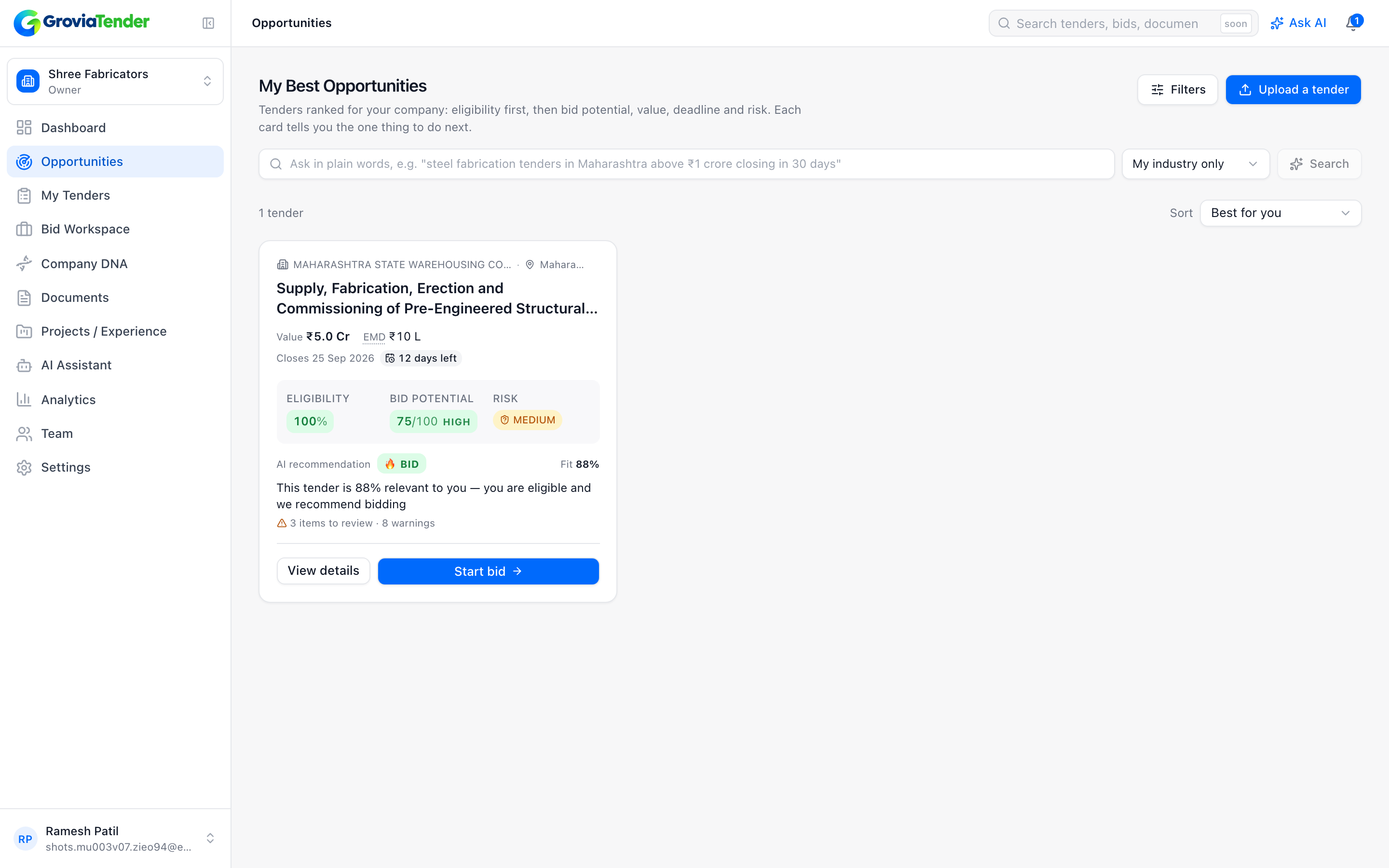 The opportunities page listing a matched tender with eligibility 100%, win potential 75 out of 100, medium risk and a GO recommendation